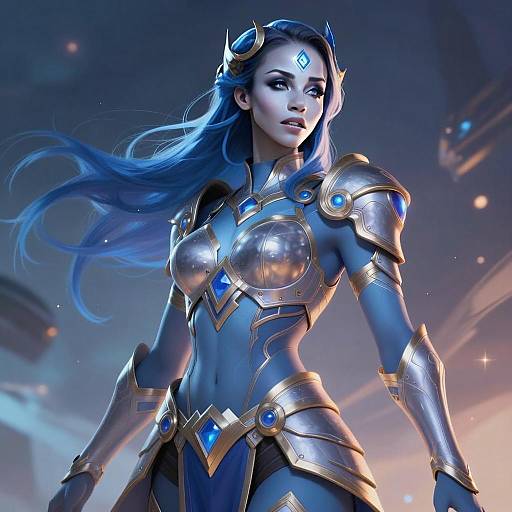 Futuristic Woman Warrior with Blue Hair in Fantasy Sci-Fi Armor