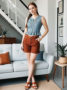 Young Woman in Embroidered Denim Top and Rust Shorts in Modern Living Room