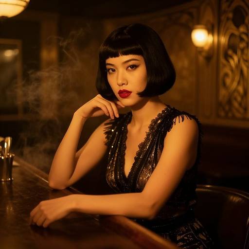 Elegant Woman with Black Bob Hairstyle at Vintage Bar