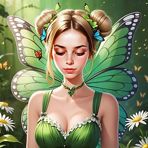 Serene Woman with Butterfly Wings in a Lush Garden