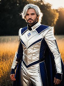 Man in Platinum Berlitz Cosplay Costume with Silver Hair in Field