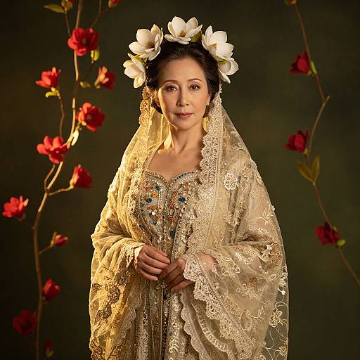 Elegant Woman in Embroidered Lace Gown with Floral Crown