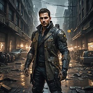 Determined Man in Futuristic Tactical Outfit in Dystopian City