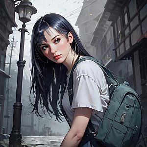 Young Woman on Misty Street with Teal Backpack