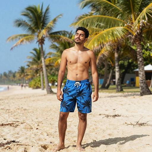 Relaxed Man in Blue Palm Tree Swim Shorts on Tropical Beach