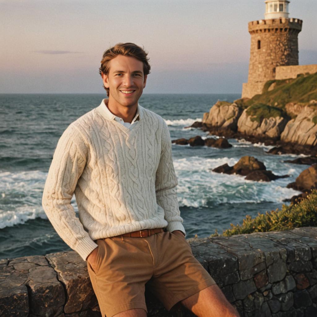 Smiling man in sweater by rocky shoreline with lighthouse