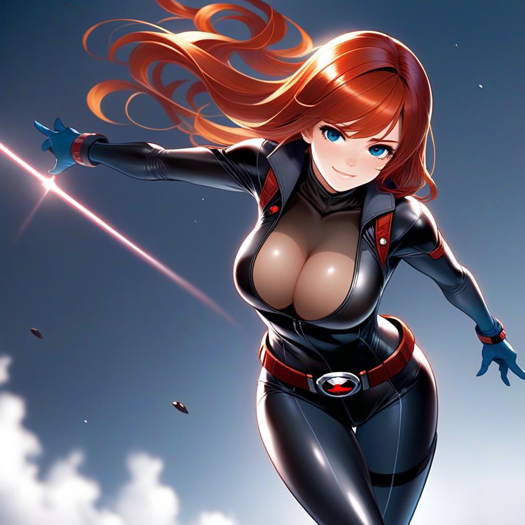 Anime Style Digital Illustration of Black Widow in Tactical Suit with Red Hair