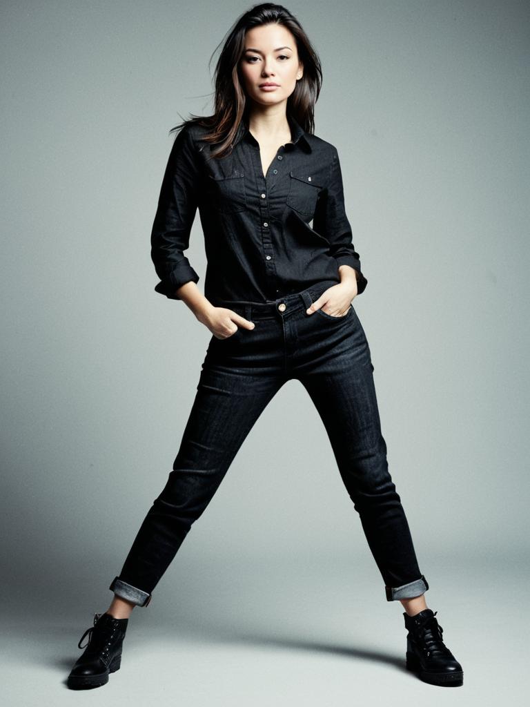 Woman in Black Jeans and Shirt Outfit - Photorealistic Studio Portrait
