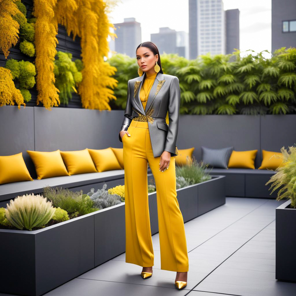 Stylish Woman in Gray Blazer and Yellow Trousers