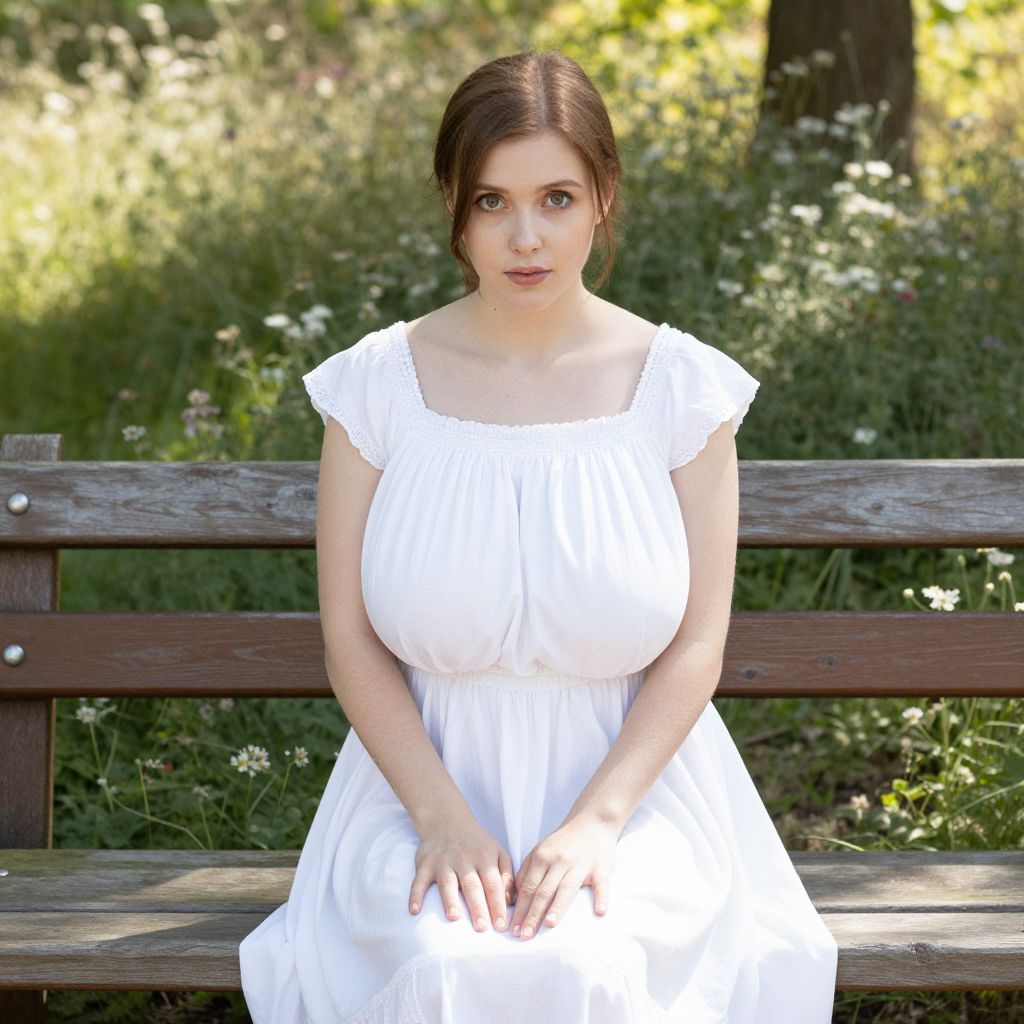 Young Woman in White Dress Sitting on Wooden Bench in Sunlit Garden
