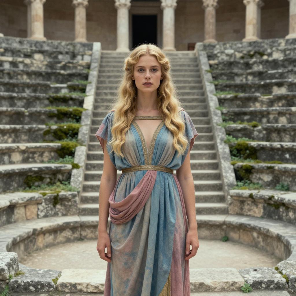 Woman in Ancient Greco-Roman Style Dress at Stone Amphitheater