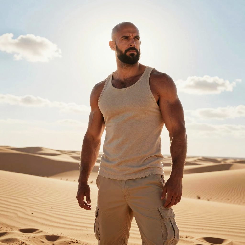 Muscular Man Standing in Desert Landscape Wearing Beige Tank Top