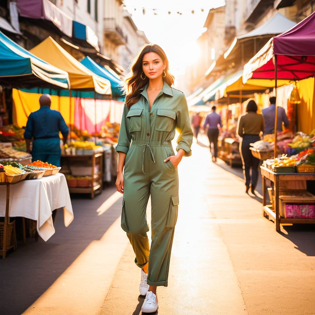 Stylish Woman in Olive Green Jumpsuit at Vibrant Market