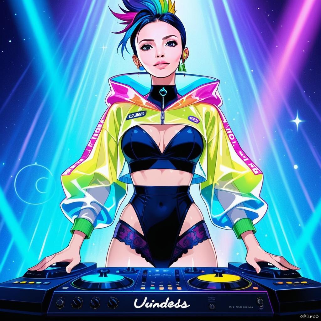 Confident DJ Woman with Colorful Mohawk in Neon Cyberpunk Style