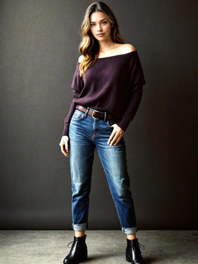 Confident Woman in Off-the-Shoulder Sweater and Jeans