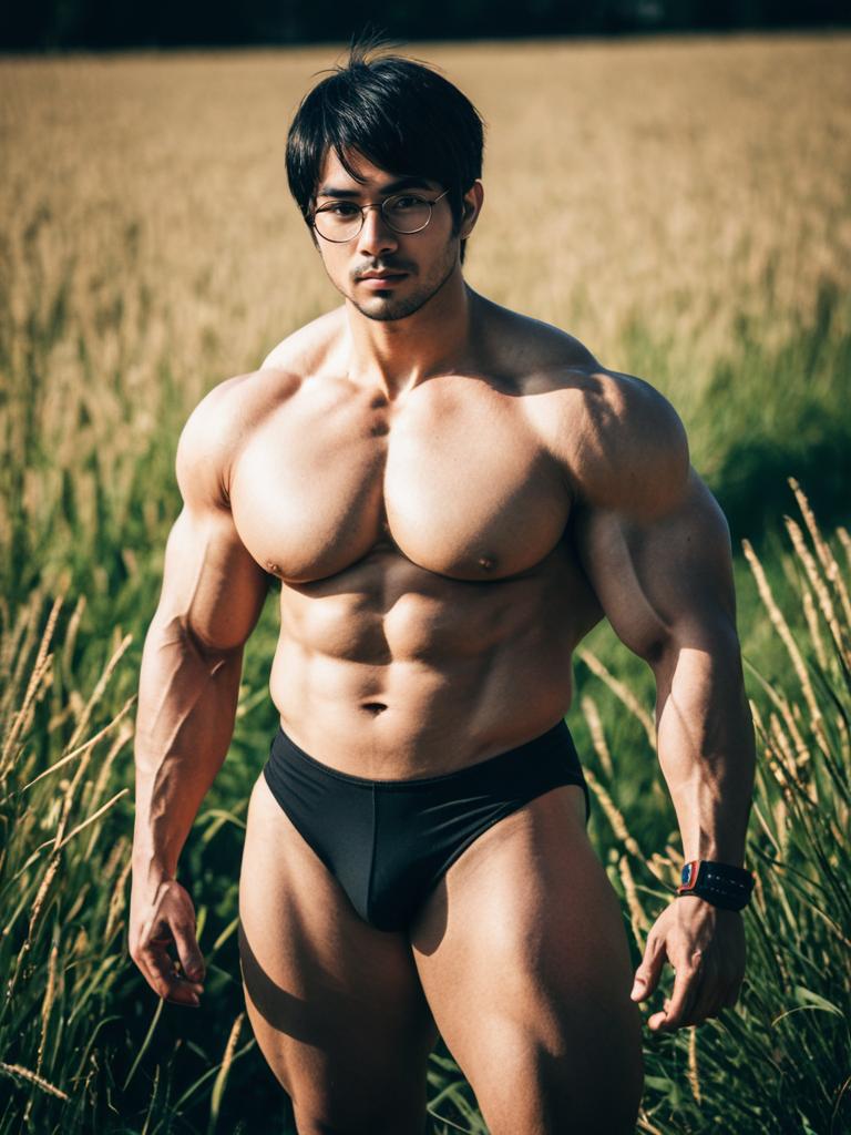 Muscular Man Wearing Glasses in Field with Black Briefs