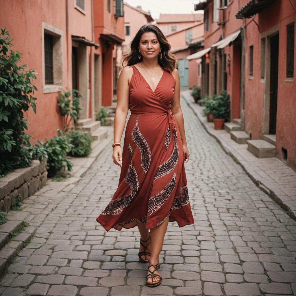 Confident Woman in Elegant Red Dress Walking in Alleyway