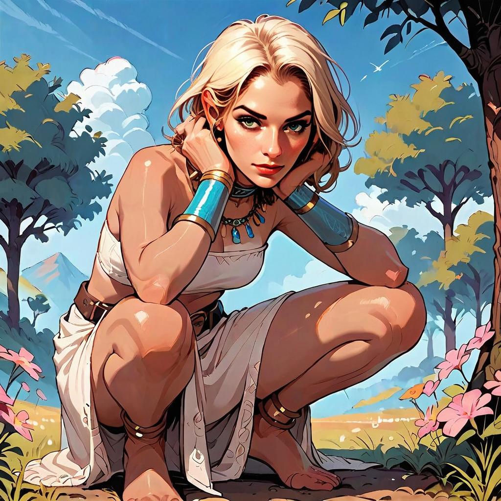 Digital Comic-Style Illustration of Blonde Woman in Natural Landscape