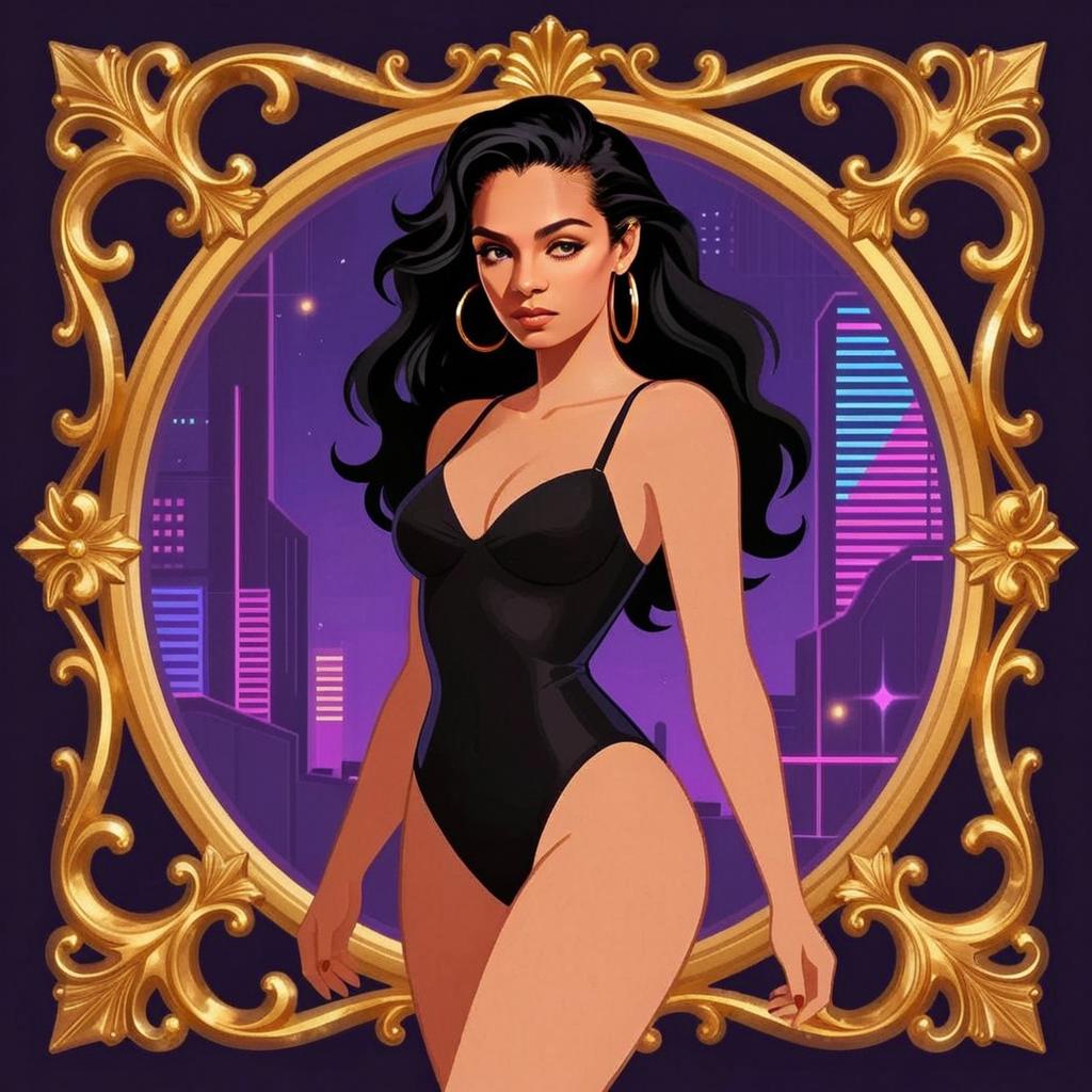 Stylish Woman in Black Bodysuit with Neon Cityscape and Ornate Gold Frame