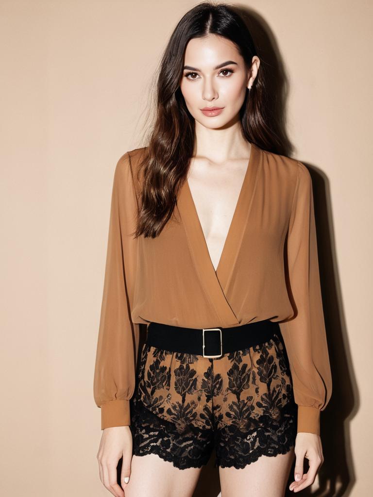 Woman Wearing Chic Sheer Camel Blouse with Deep V Neckline and Black Lace Shorts