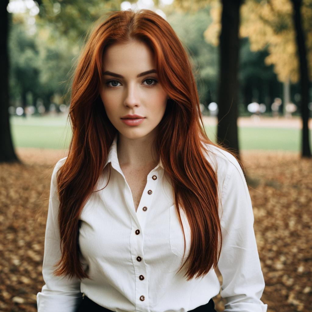 Portrait of Young Woman in White Shirt with Red Hair in Autumn Park Portrait of Young Woman in White Shirt with Red Hair in Autumn Park