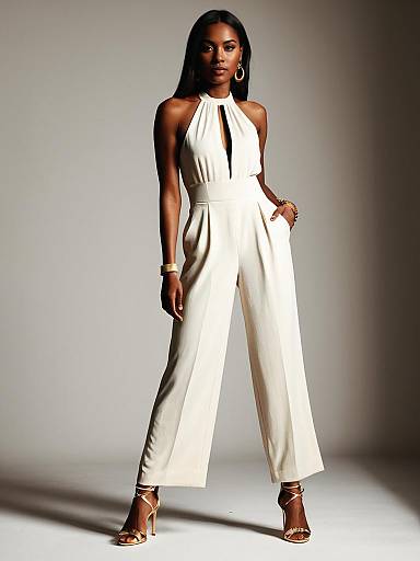 Elegant Woman in Sleeveless Cream Halter Neck Jumpsuit with Keyhole Detail