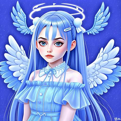 Anime Angel Girl with Blue Hair and Halo Digital Artwork