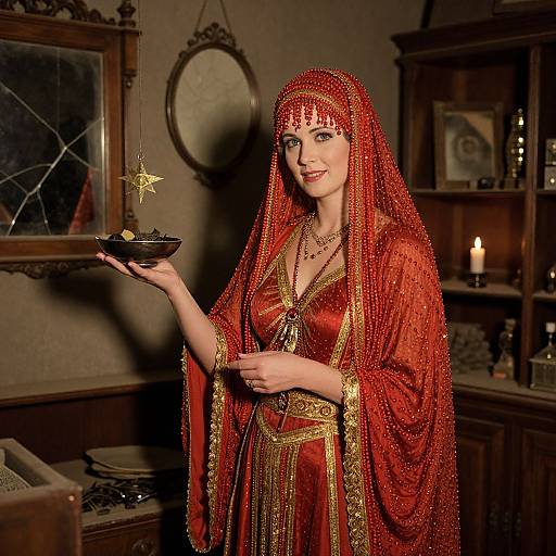 Woman in Elaborate Red Beaded Costume Holding Bowl with Golden Star in Vintage Room