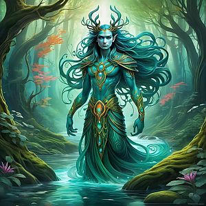 Majestic Mythical Figure in Serene Forest Stream