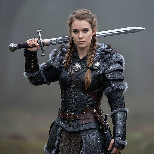 Medieval Woman Warrior in Fur-Accented Armor Holding Sword