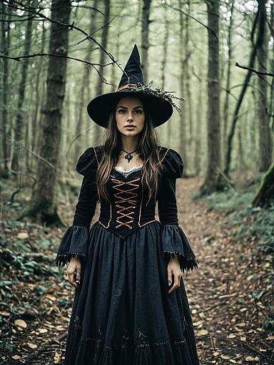 Photorealistic Portrait of Woman in Woodland Witch Costume in Forest
