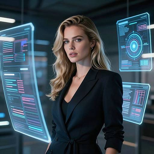 Confident Woman in Futuristic Digital Workspace with Transparent Screens