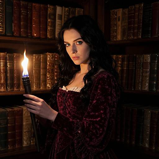 Woman in Vintage Velvet Dress Holding Torch in Antique Library