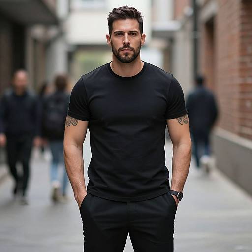 Confident Man in Black T-Shirt Standing in Urban Alleyway