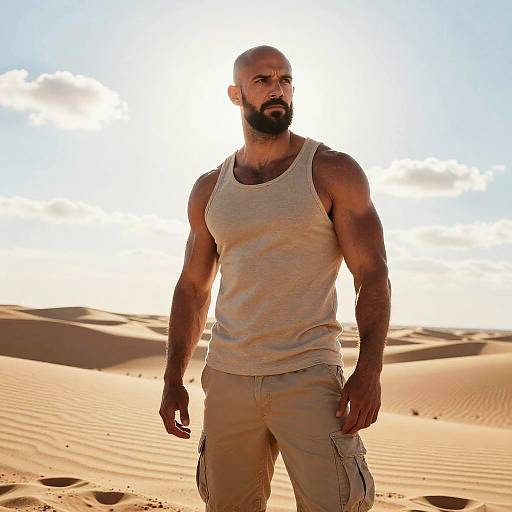 Muscular Man Standing in Desert Landscape Wearing Beige Tank Top