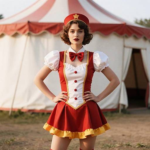 Woman in Vintage Circus Costume Standing in Front of Circus Tent