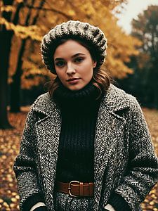 Woman in Vintage Cozy Fall Outfit with Cinematic Realism in Autumn