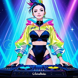 Confident DJ Woman with Colorful Mohawk in Neon Cyberpunk Style