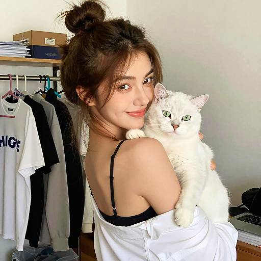 Young Woman Holding White Cat in Cozy Indoor Setting