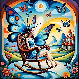 Whimsical Woman with Butterfly Wings in Fantasy Landscape