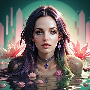 Woman Emerging from Water with Pink Flowers