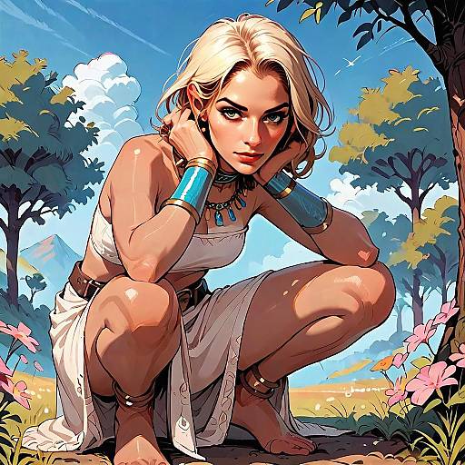 Digital Comic-Style Illustration of Blonde Woman in Natural Landscape
