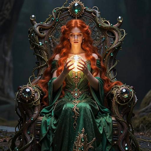 Red-Haired Woman in Green Emerald Gown Holding Glowing Orb on Ornate Throne
