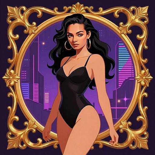 Stylish Woman in Black Bodysuit with Neon Cityscape and Ornate Gold Frame