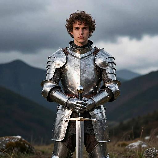Young Man in Full Medieval Knight Armor Holding Sword Outdoors