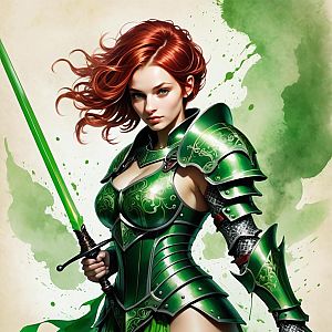 Fierce Woman Warrior in Emerald Armor