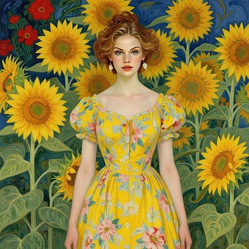 Young Woman in Floral Yellow Dress Among Sunflowers Art Nouveau Style Portrait