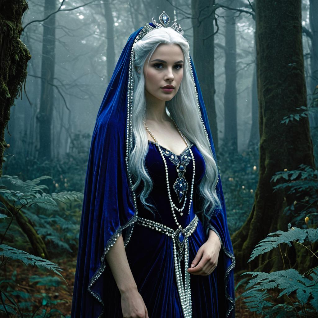 Fantasy Portrait of Woman in Royal Blue Velvet Gown and Crown in Enchanted Forest