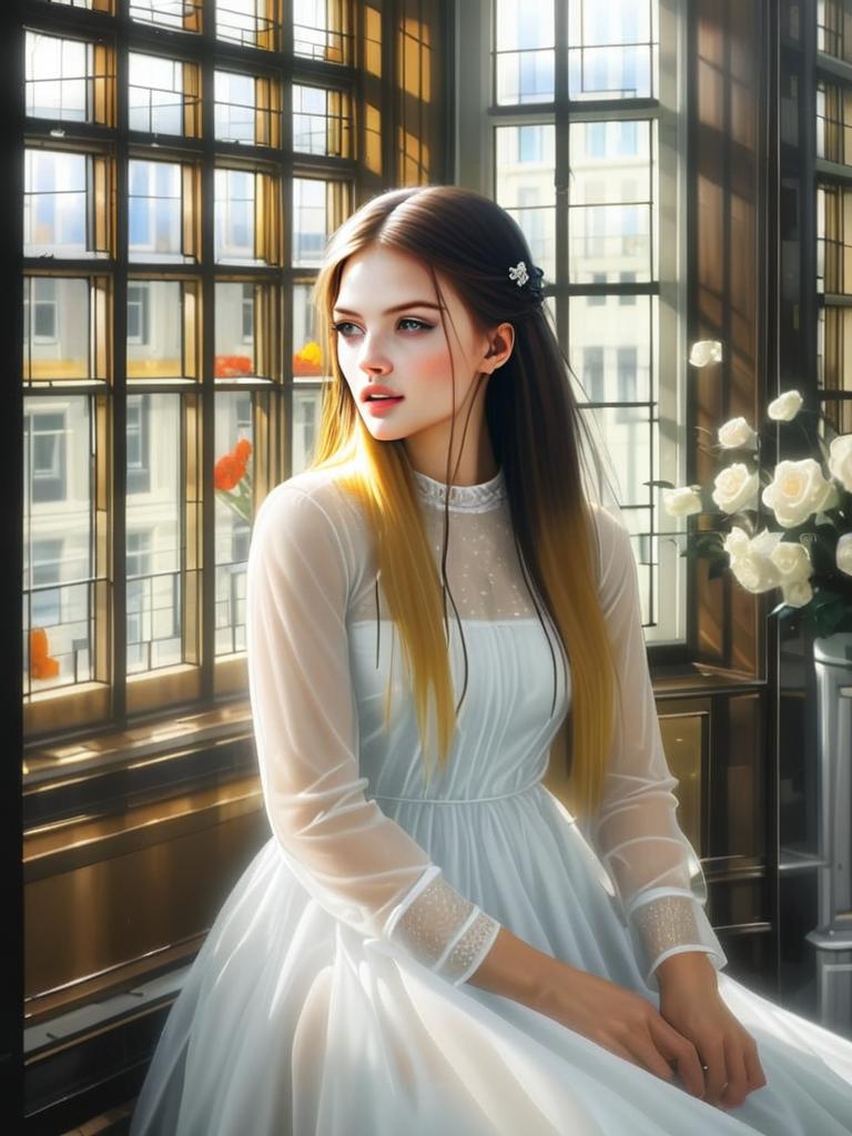 Elegant Young Woman in White Dress Sitting by Window with Roses