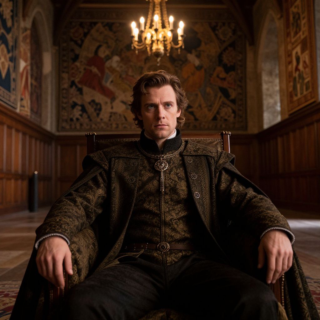 Man in Renaissance Costume Sitting in Ornate Chair in Historic Room